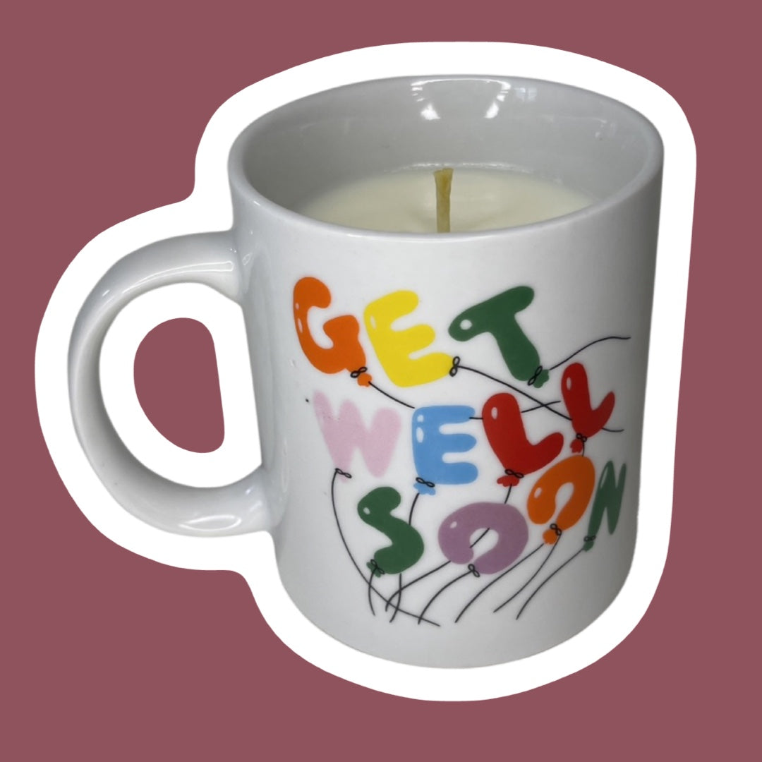 Vela en forma de globo de cera de soja en forma de taza con la frase "Get Well Soon" (Mejórate pronto) de los años 80