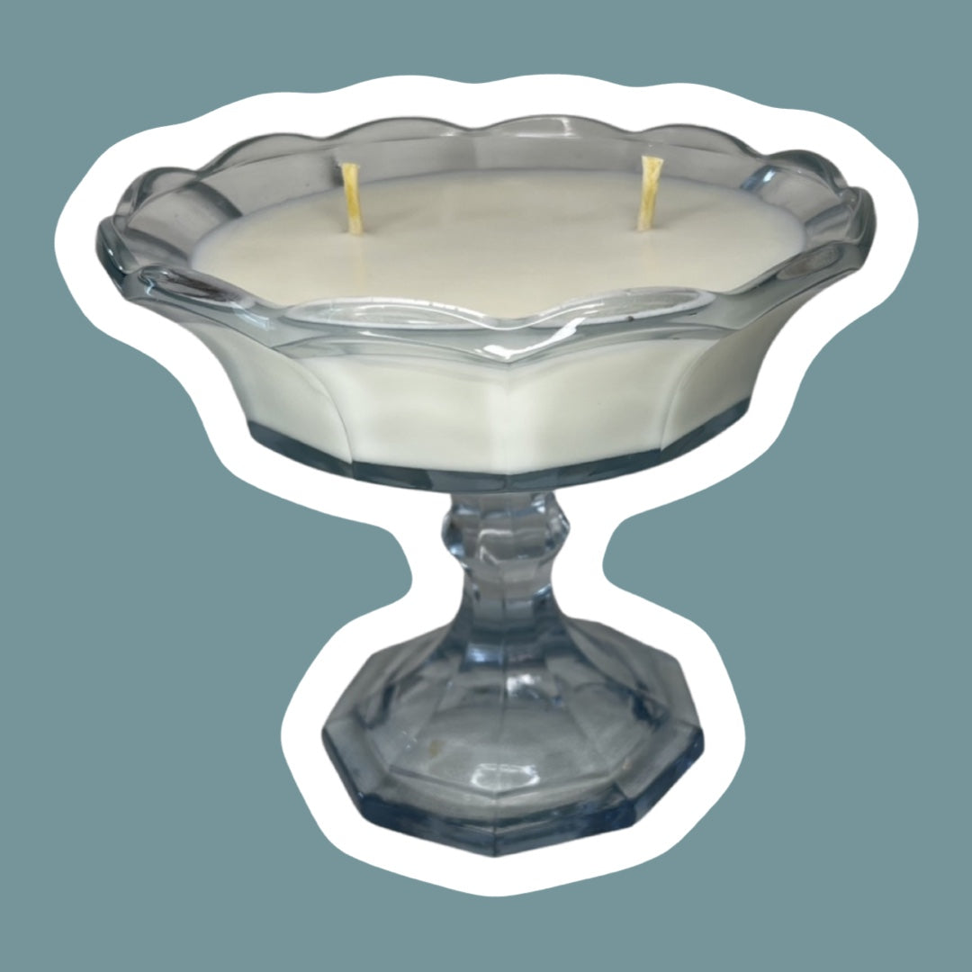 Pedestal de vidrio azul claro Virginia de Fostoria para dulces o compotas, vela de cera de soja
