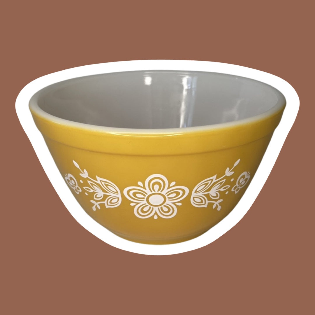 Tazón para mezclar de vidrio con leche de 1,5 puntos con diseño de mariposa dorada de Pyrex n.° 401