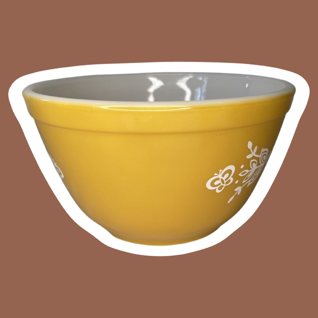 Tazón para mezclar de vidrio con leche de 1,5 puntos con diseño de mariposa dorada de Pyrex n.° 401