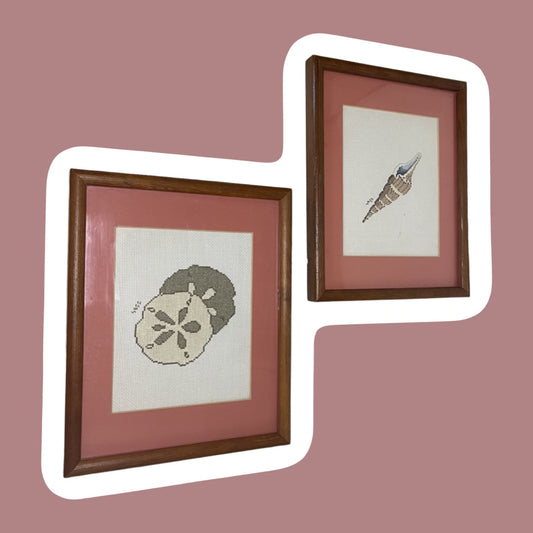 Pastel Pink Framed Cross Stitch Needle Point Seashell & Sand Dollar Art, Set of 2