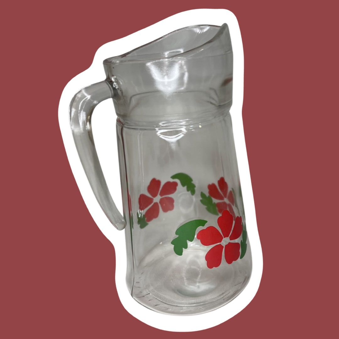 Jarra de té o limonada de vidrio con diseño floral de amapolas rojas, década de 1960 y 1970