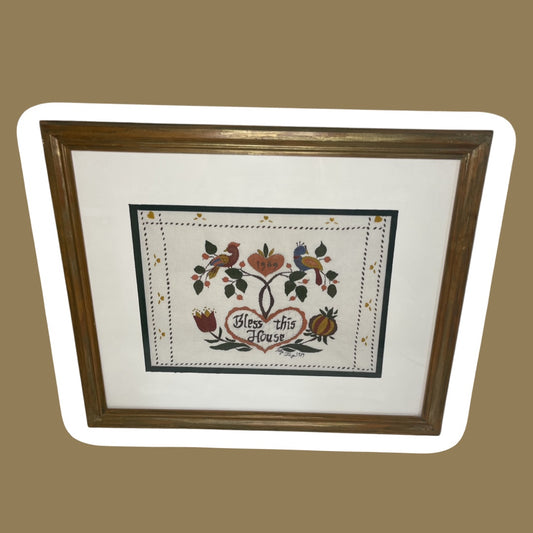 Large Framed Quilted ‘Bless This House’ Floral Nature Artwork