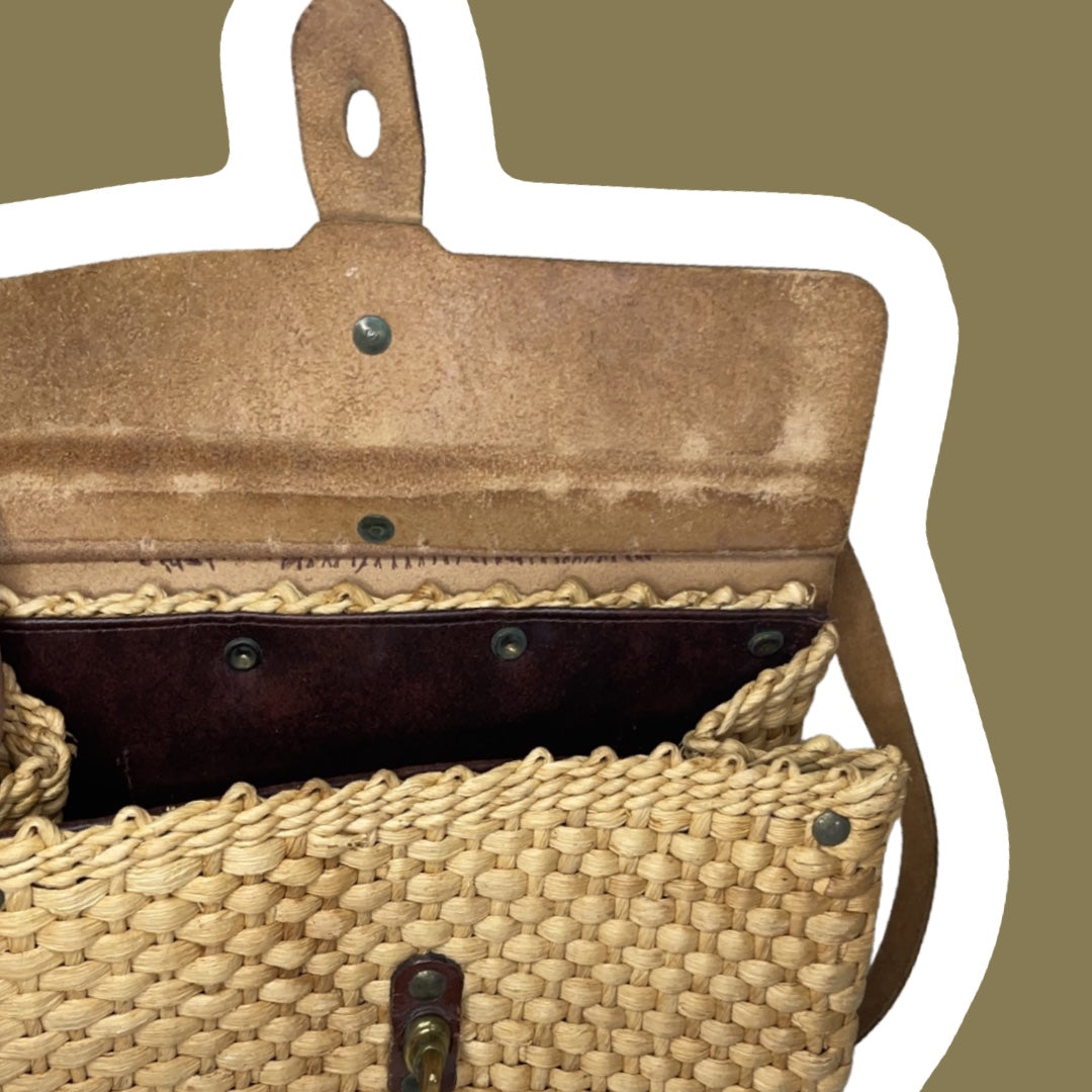 Bolso bandolera estilo bohemio de paja tejida y cuero genuino, década de 1960/70