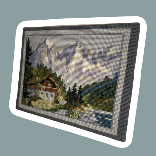 Unframed Mountain Cabin Lake Scenery Cross Stitch Needle Point Art