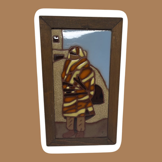 1970s Hand-Painted, Wood Framed, Tile Wall Art, Santa Fe Pueblo Southwestern Pattern