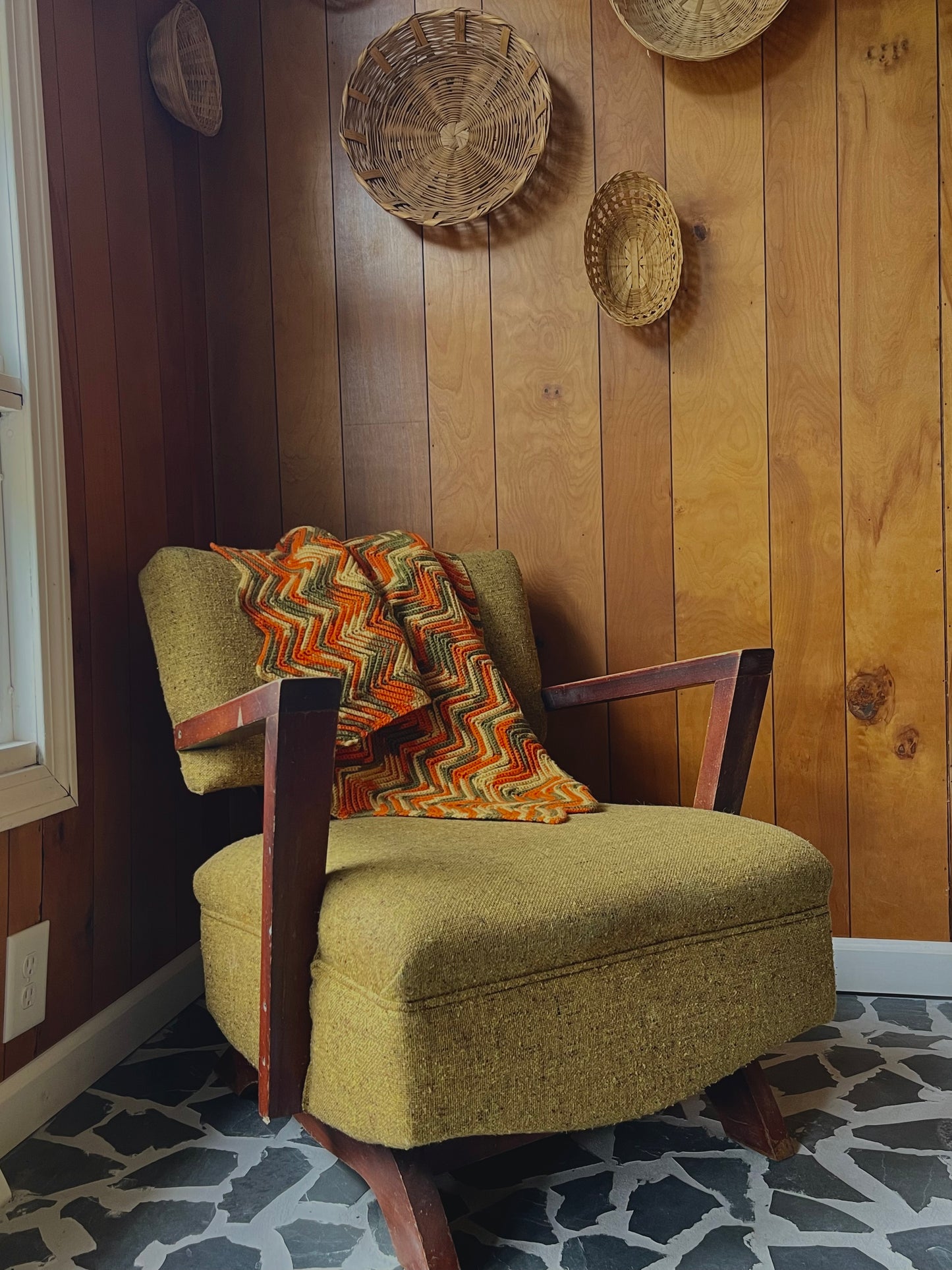 1970's Decorative Knitted/Crocheted Throw Blanket, Zig-Zag Pattern, Yellow, Orange and Green