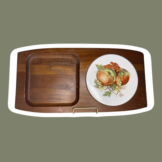 Wooden Cheese Board Serving Tray with Ceramic Apple Design Inlay