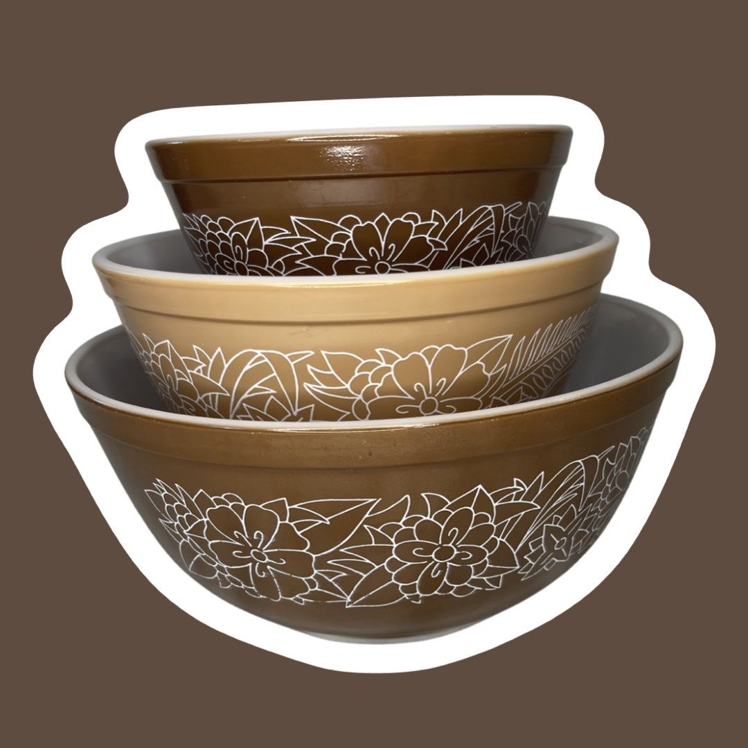 Set of Three Pyrex 'Woodland' Pattern Milk Glass Mixing Nesting Bowls, #401, 402 & 403