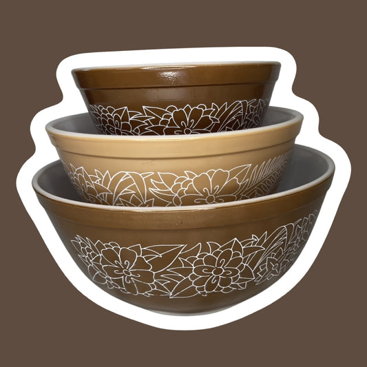 Set of Three Pyrex 'Woodland' Pattern Milk Glass Mixing Nesting Bowls, #401, 402 & 403