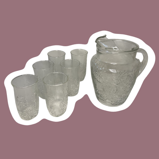 Juego de jarra y seis vasos de cristal transparente con diseño floral 'Spring Song' de Anchor Hocking