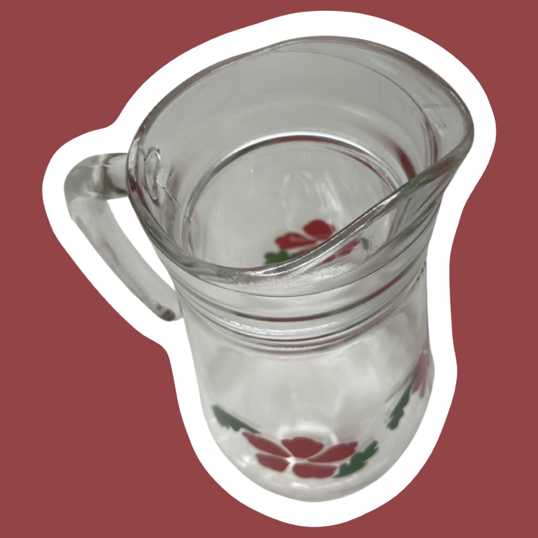 Jarra de té o limonada de vidrio con diseño floral de amapolas rojas, década de 1960 y 1970