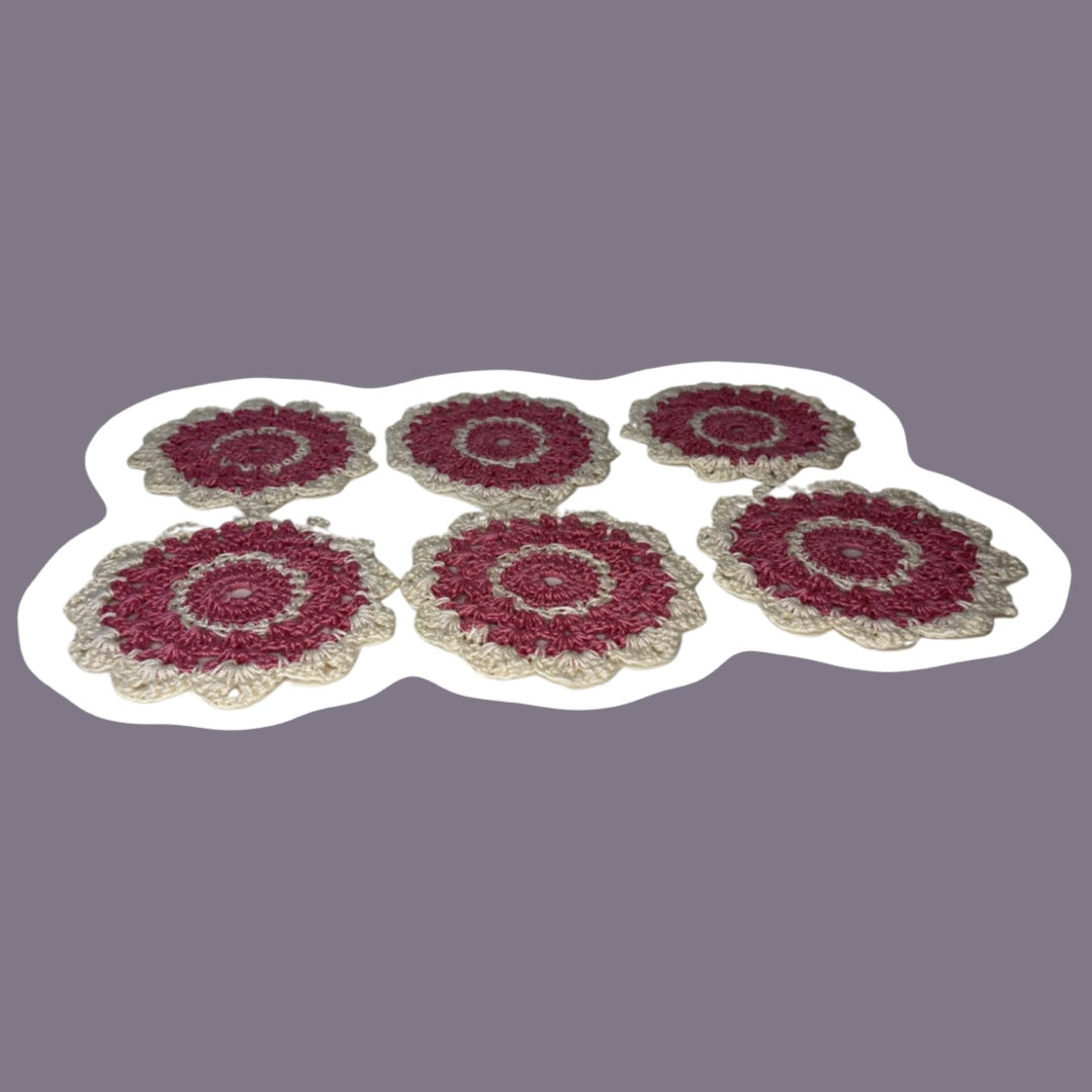 Pink & White Vintage Crocheted Cloth Coasters, Set of Six