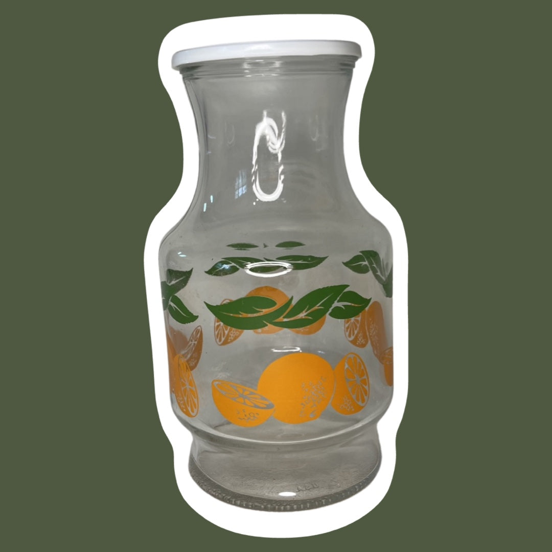 Jarra para jugo con tapa y diseño de frutas anaranjadas de los años 70, de Anchor Hocking