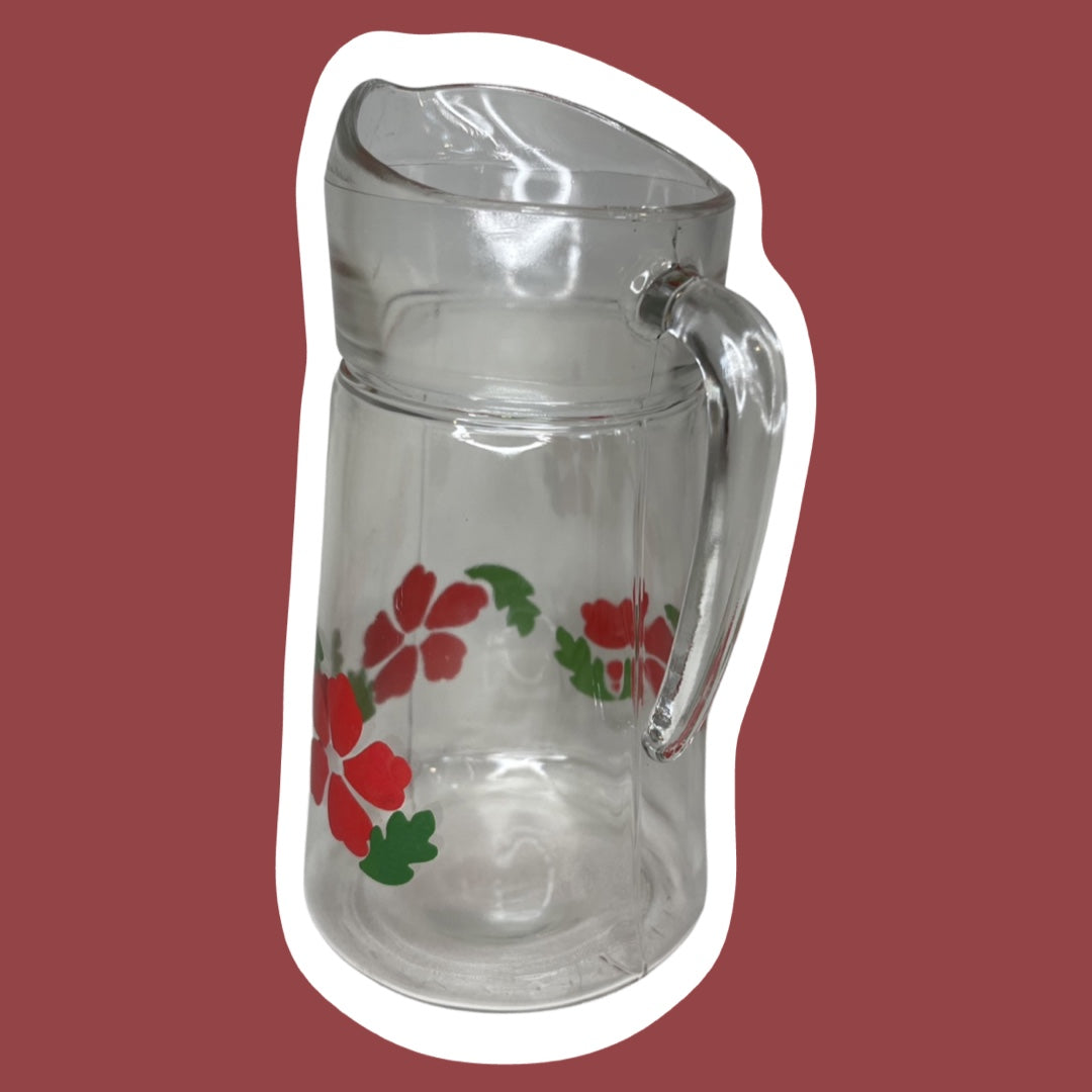 Jarra de té o limonada de vidrio con diseño floral de amapolas rojas, década de 1960 y 1970
