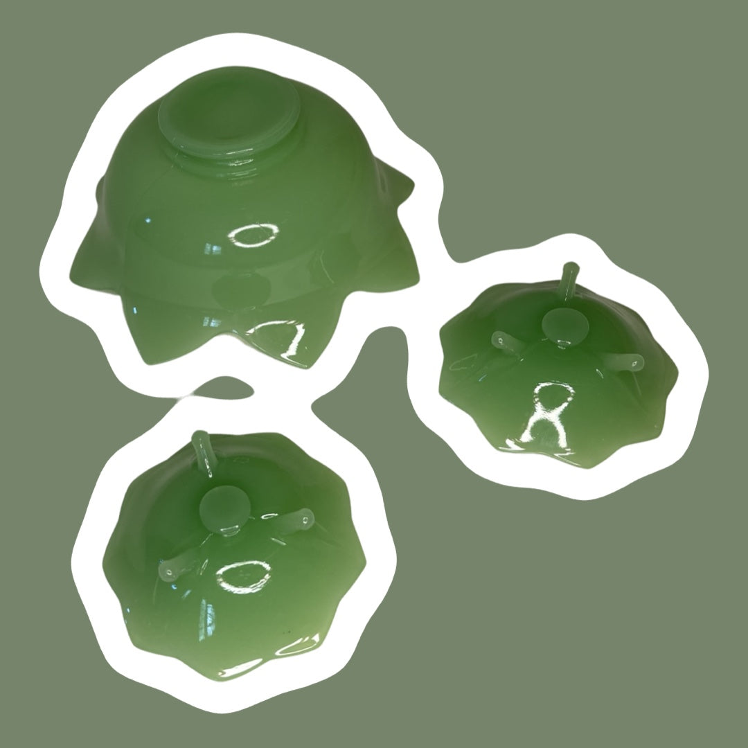 Jadeite Fenton Glass Flower/Lotus Shaped Tapered Candle Holders and Bowl Set