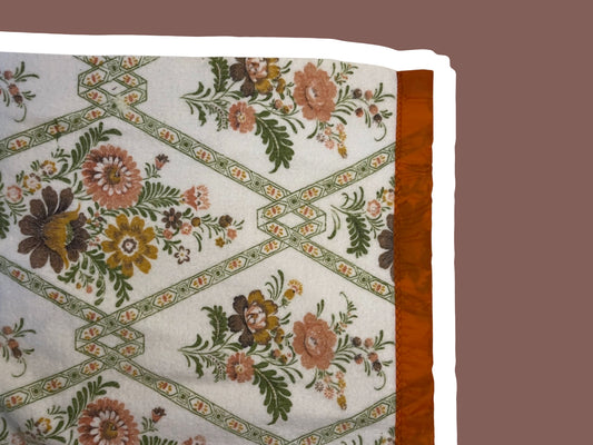 Floral 1970s Peach, Mustard Yellow & Rust Orange 1970s Style Blanket, Queen Size