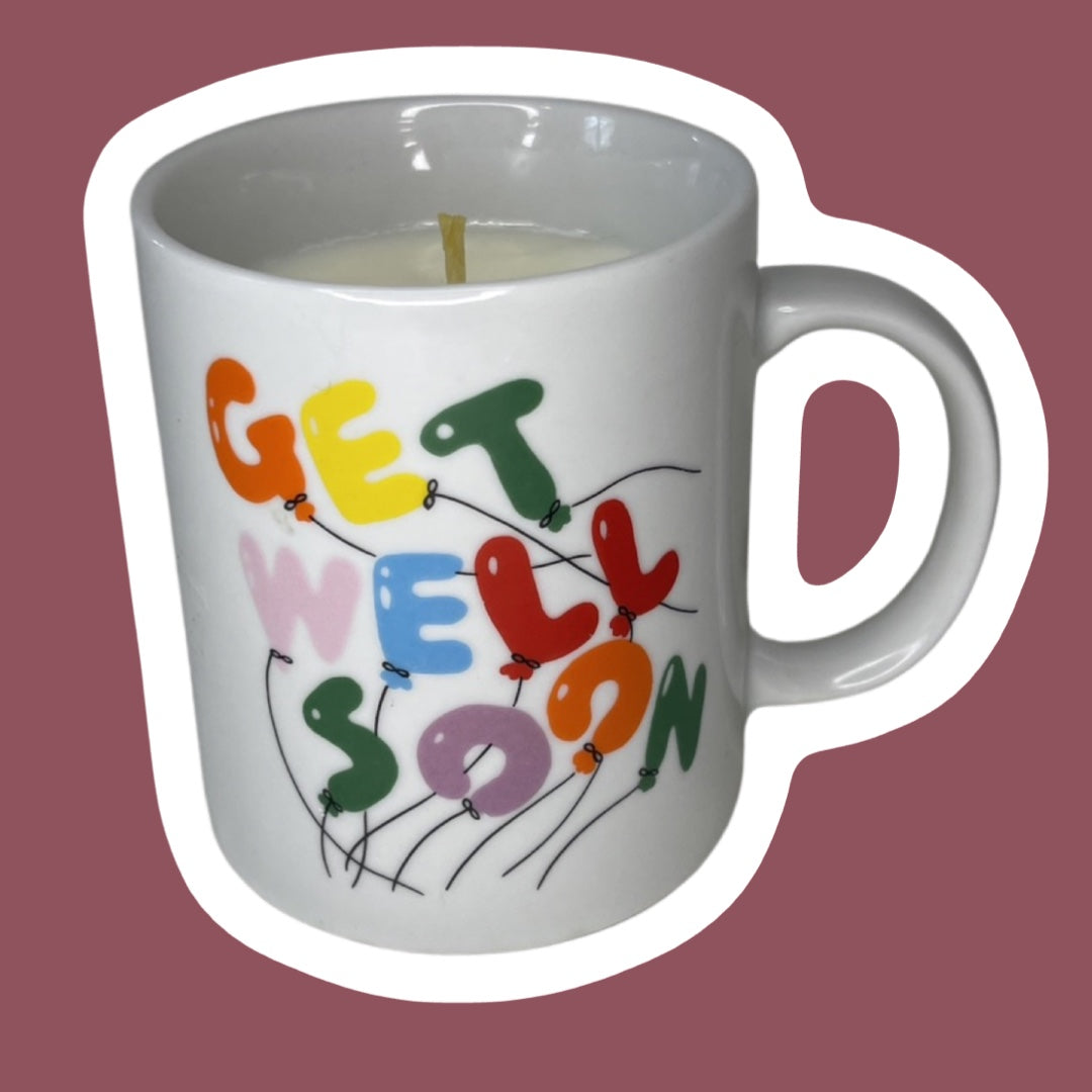 Vela en forma de globo de cera de soja en forma de taza con la frase "Get Well Soon" (Mejórate pronto) de los años 80