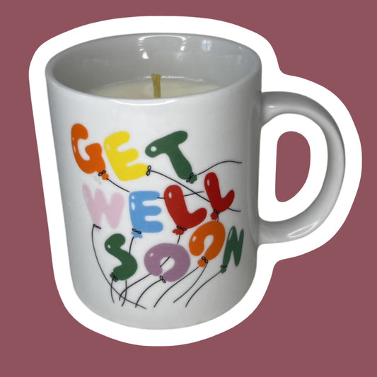 Vela en forma de globo de cera de soja en forma de taza con la frase "Get Well Soon" (Mejórate pronto) de los años 80