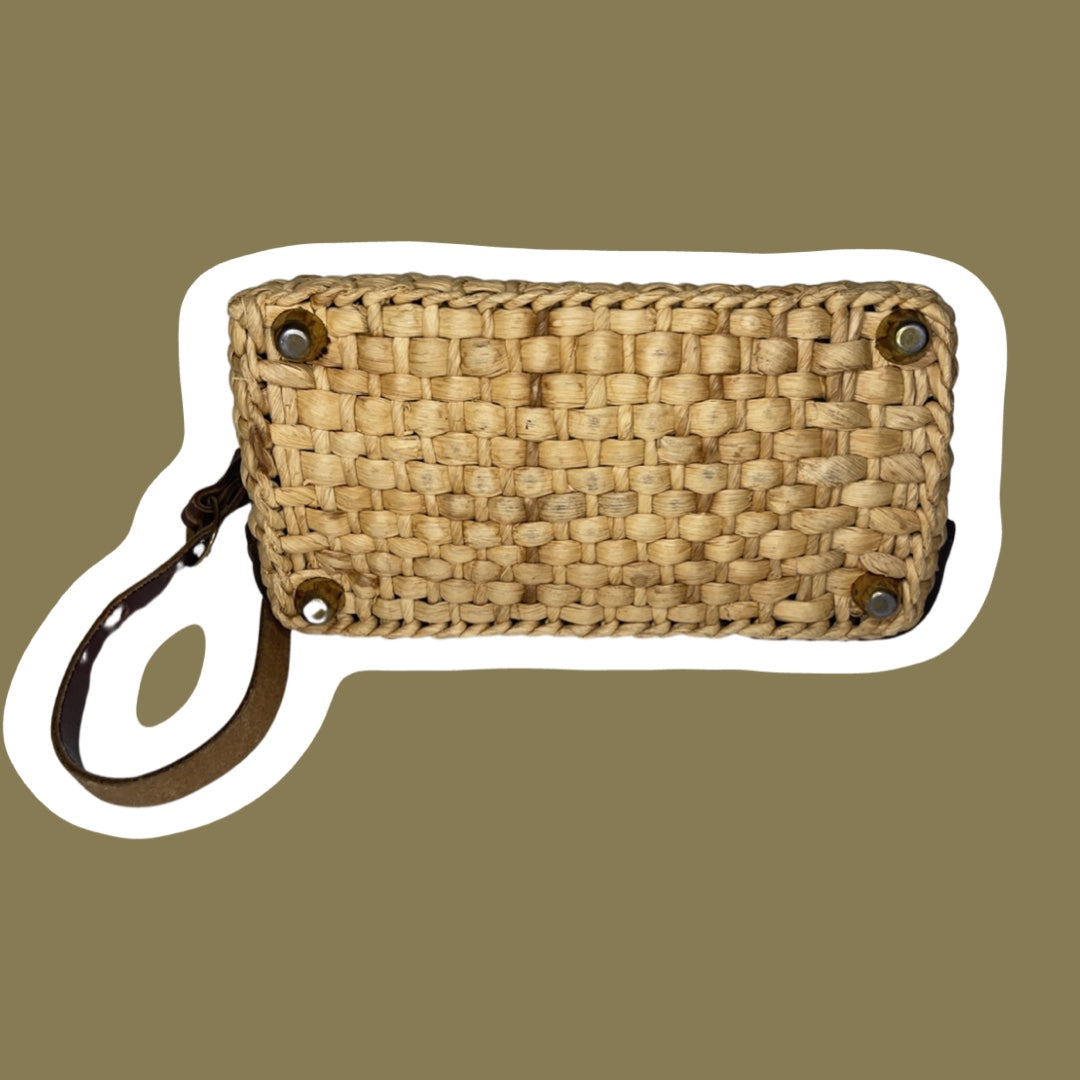 Bolso bandolera estilo bohemio de paja tejida y cuero genuino, década de 1960/70