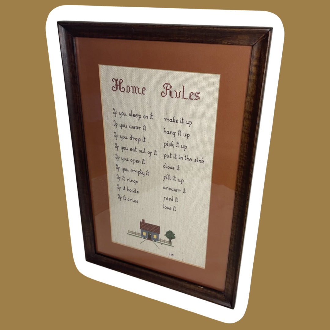 Arte de pared bohemio con marco 'Home Rules' para punto de cruz o aguja