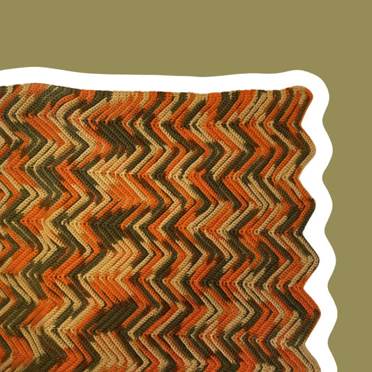 1970's Decorative Knitted/Crocheted Throw Blanket, Zig-Zag Pattern, Yellow, Orange and Green