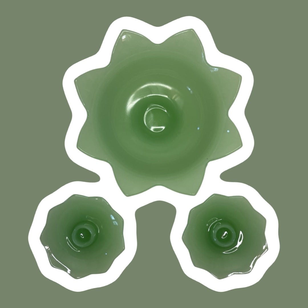 Jadeite Fenton Glass Flower/Lotus Shaped Tapered Candle Holders and Bowl Set