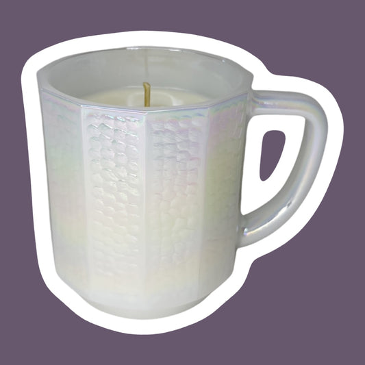 Federal Glass Opalescent/Iridescent ‘Moonglow’ Textured Milk Glass Soy Wax Mug Candle