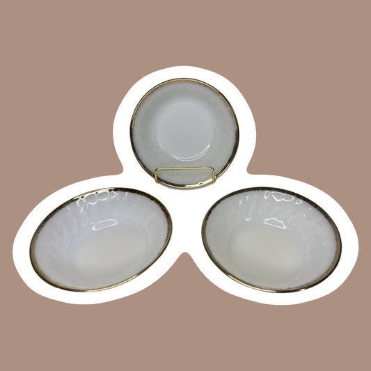 Milk Glass Swirl ‘Fire King’ Anchor Hocking Gold Rimmed Custard/Berry Ramekins, Set of 3