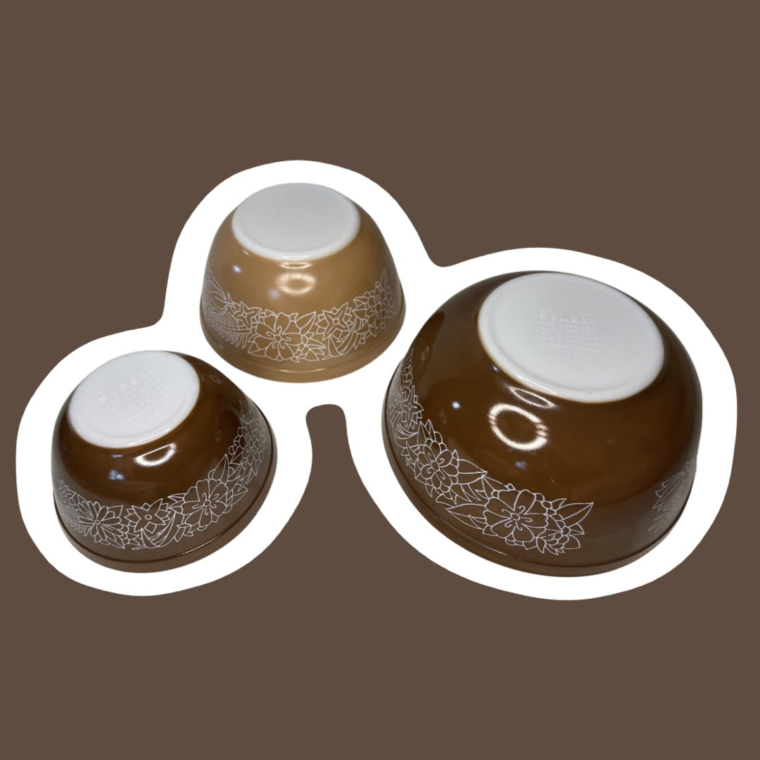 Set of Three Pyrex 'Woodland' Pattern Milk Glass Mixing Nesting Bowls, #401, 402 & 403
