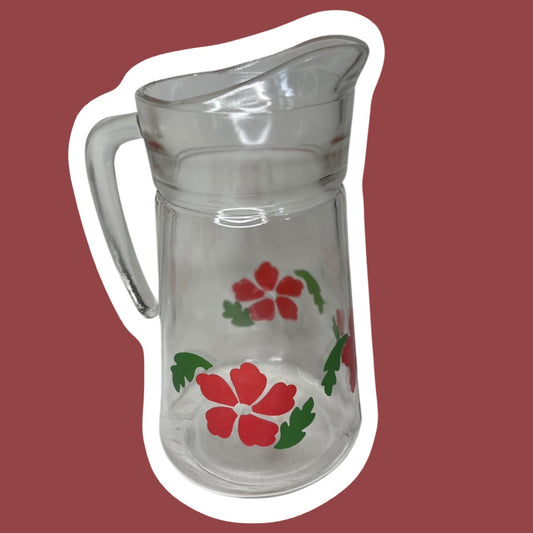 Jarra de té o limonada de vidrio con diseño floral de amapolas rojas, década de 1960 y 1970