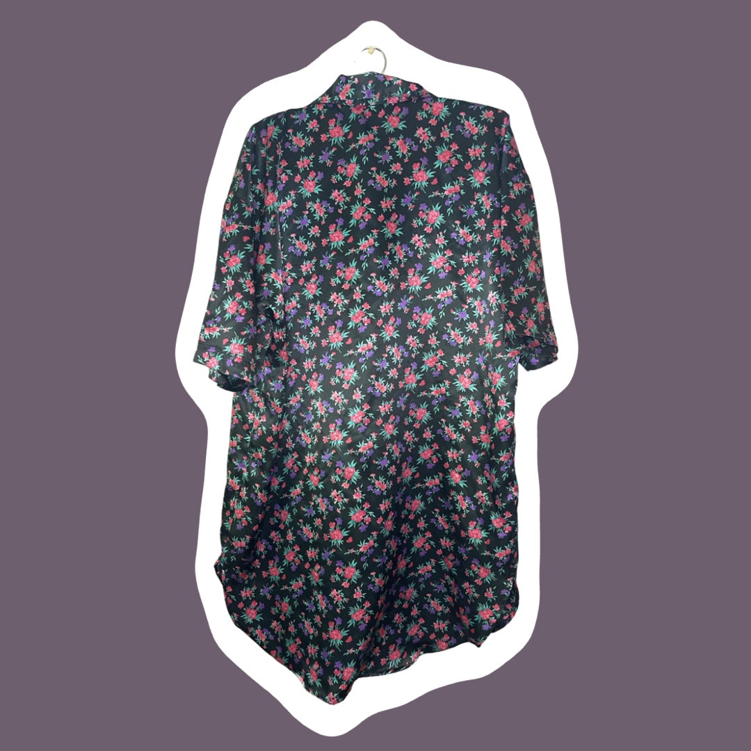 Camisón de seda con estampado floral, de los años 80, con botones en el cuello, en negro y rosa, talla mediana para mujer