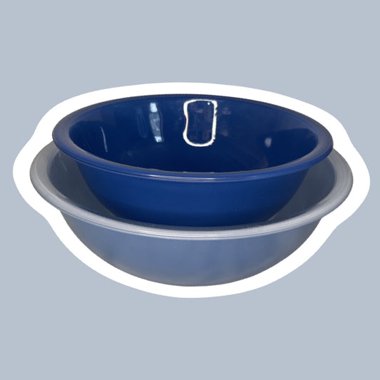 Cuencos para mezclar apilables de color azul claro/oscuro con fondo transparente de Pyrex, década de 1980, n.º 325/326, juego de 2