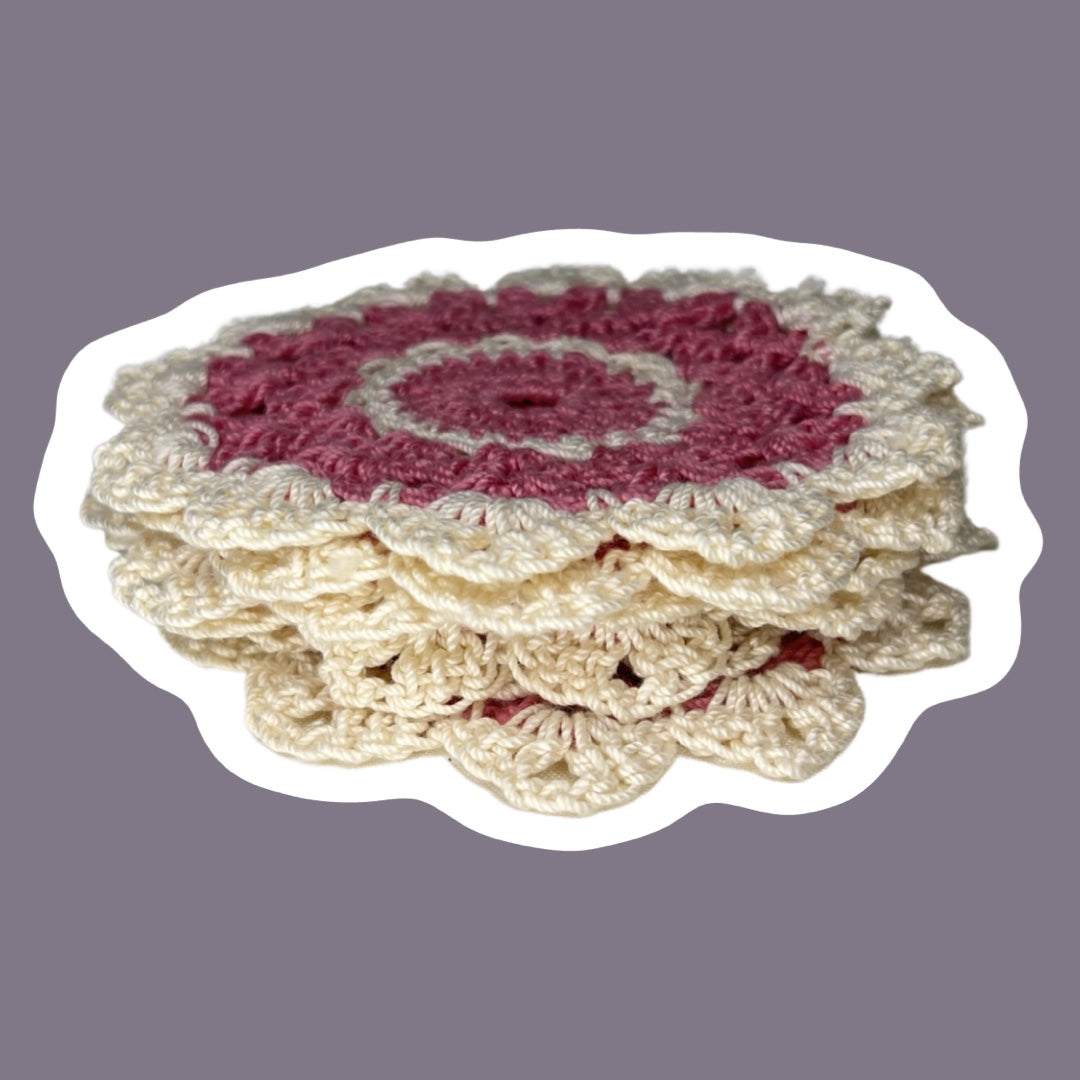 Pink & White Vintage Crocheted Cloth Coasters, Set of Six