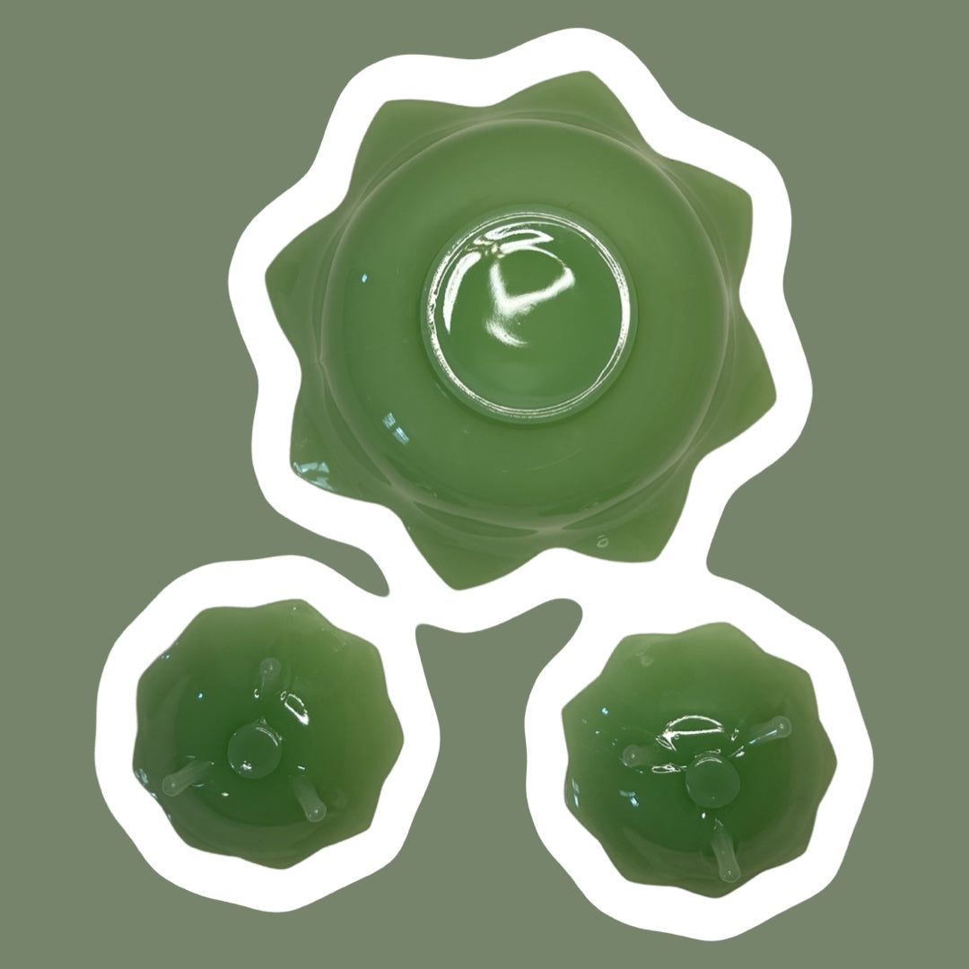 Jadeite Fenton Glass Flower/Lotus Shaped Tapered Candle Holders and Bowl Set