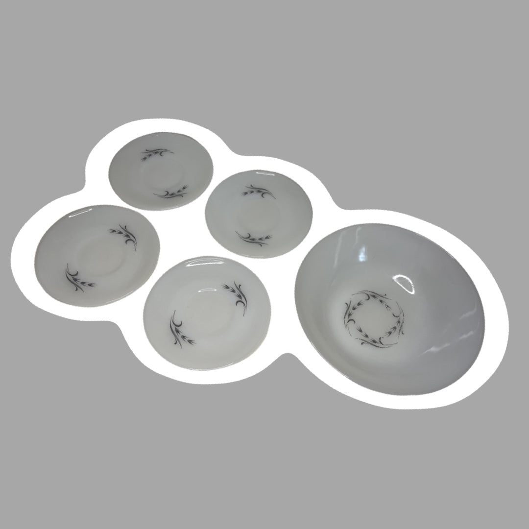 Juego de 5 cuencos para servir y platillos para taza de té con estampado de trigo gris Suburbia 'Fire King' de Milk Glass