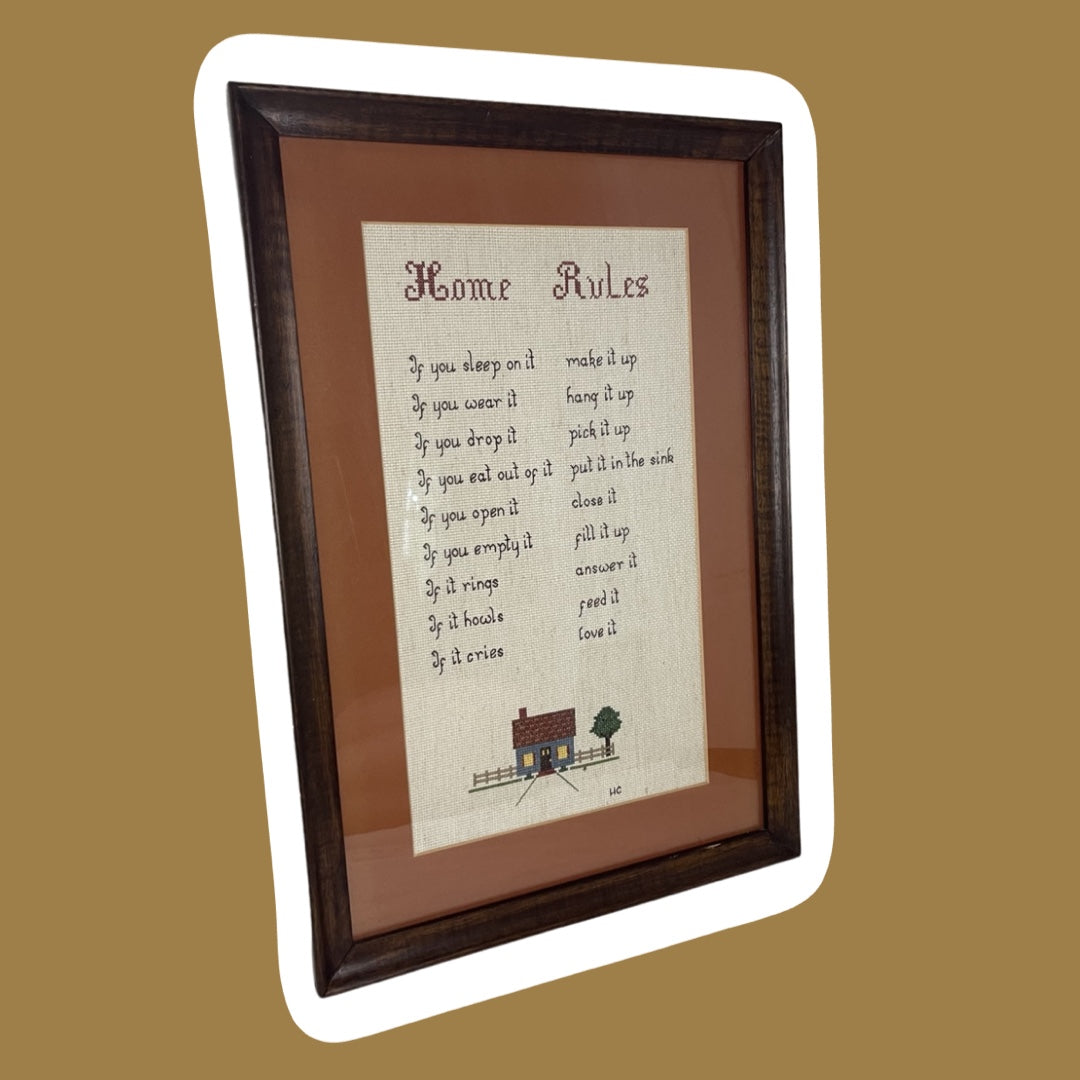 Arte de pared bohemio con marco 'Home Rules' para punto de cruz o aguja