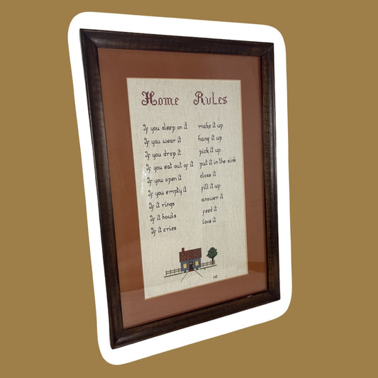 Cross Stitch / Needle Point ‘Home Rules’ Framed Boho Cottage Wall Art