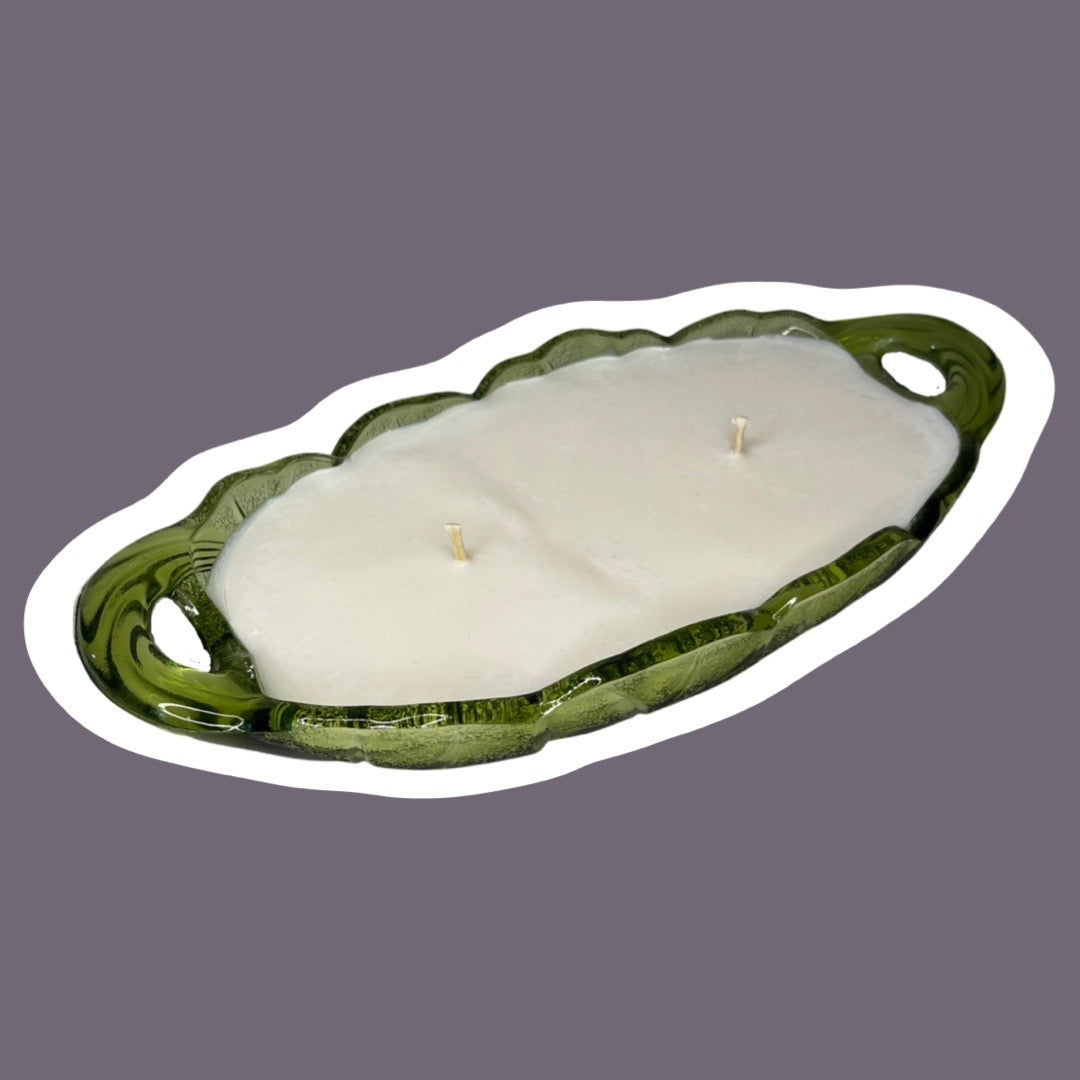 Bandeja para dulces o adornos de vidrio Indiana verde esmeralda Vela de cera de soja ligeramente perfumada