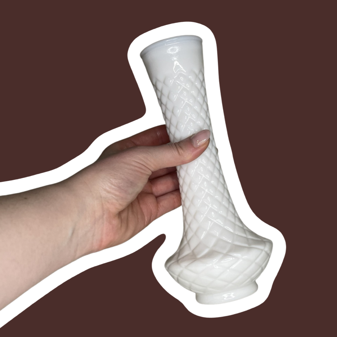 Milk Glass Ribbed Diamond Quilt Pattern Vase