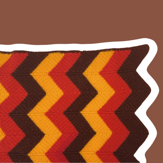 1970s Hand Knitted/Crocheted Blanket, Red/Yellow/Brown Chevron Pattern