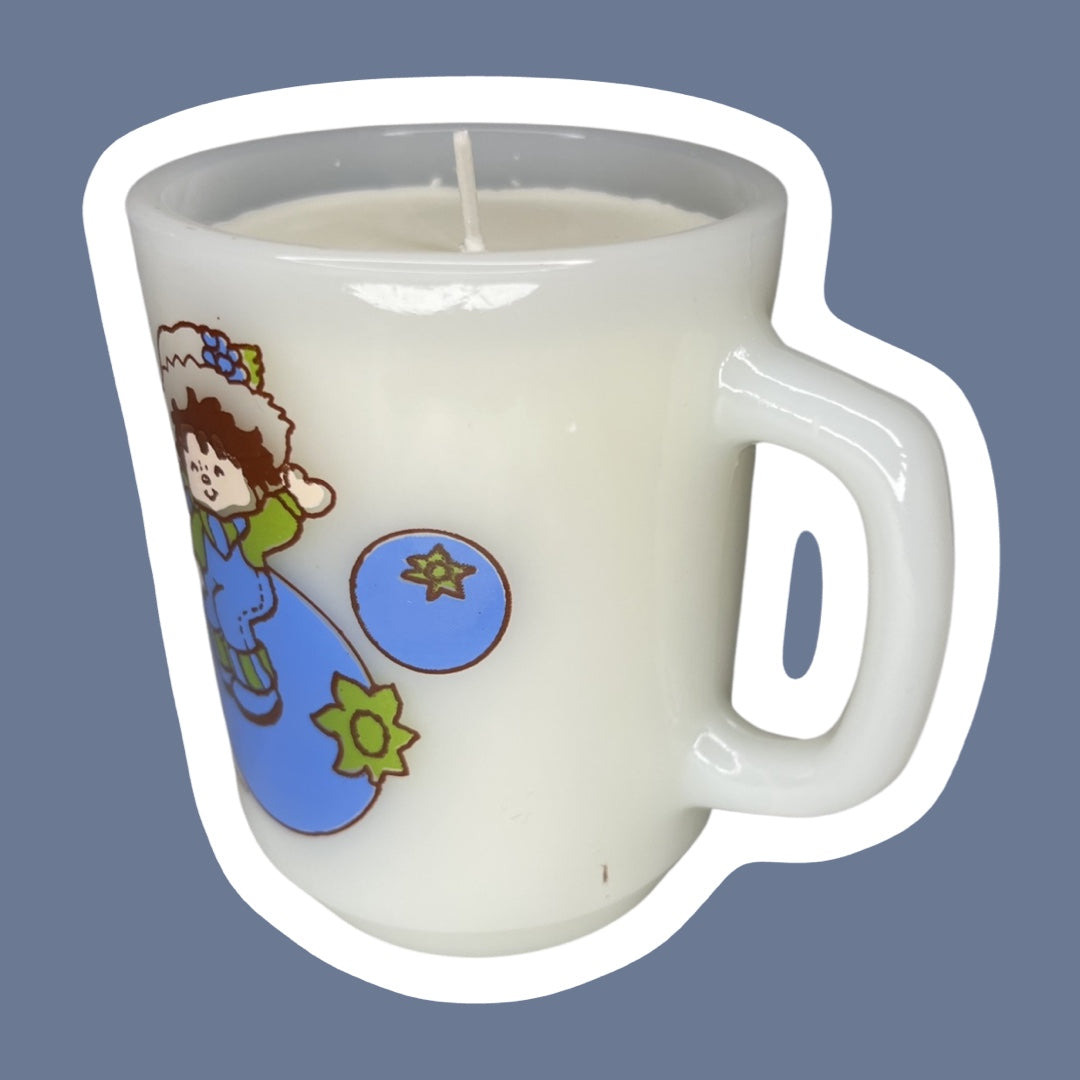 Taza de vidrio con leche y vela de la tarta de arándanos de Anchor Hocking de los años 80, tarta de fresas