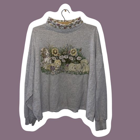 Cropped Floral Kitten/Puppy Grey Turtleneck Sweater Sweatshirt, Size Small/Medium
