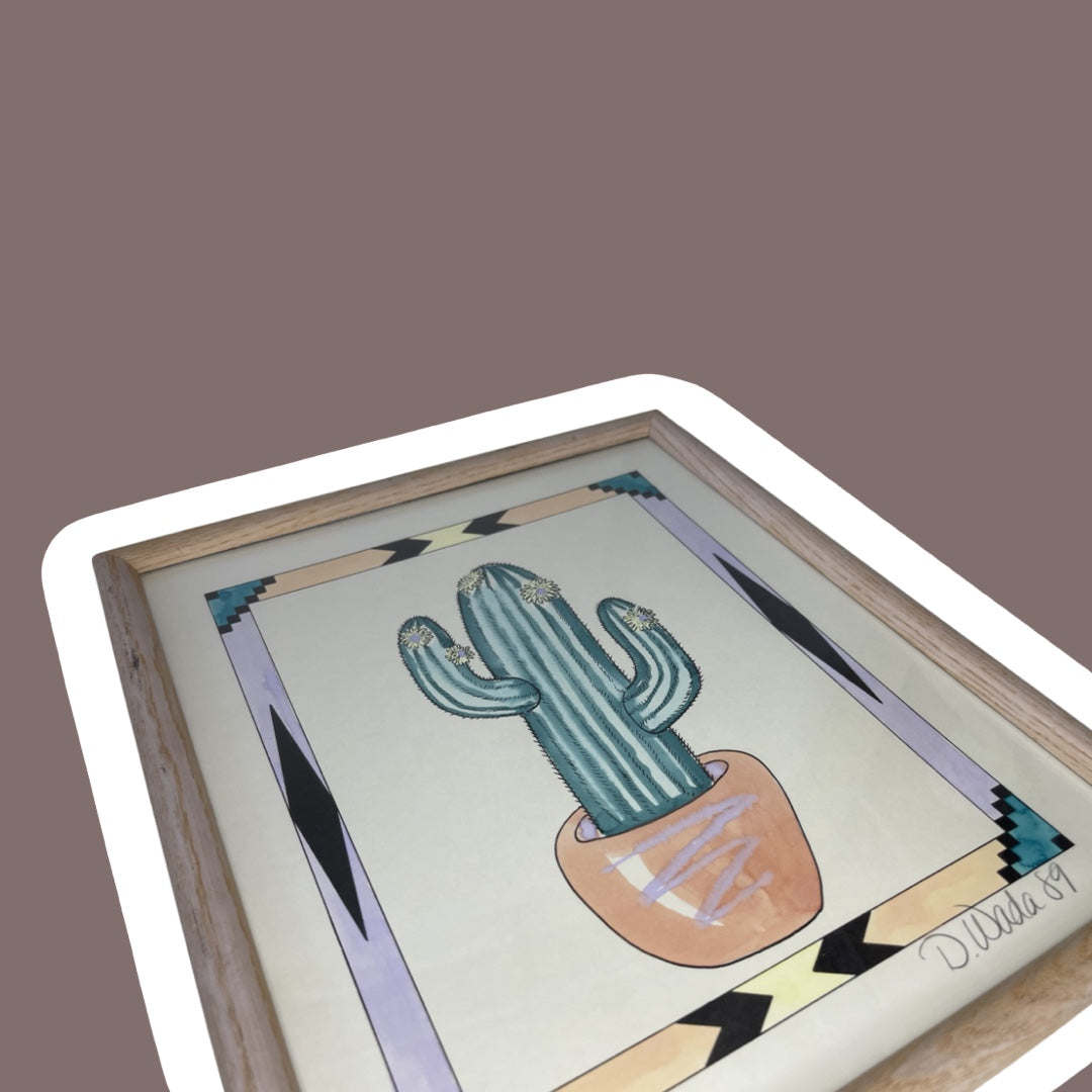 Arte enmarcado original del suroeste con cactus en acuarela de 1989 de D. Wada, juego de dos