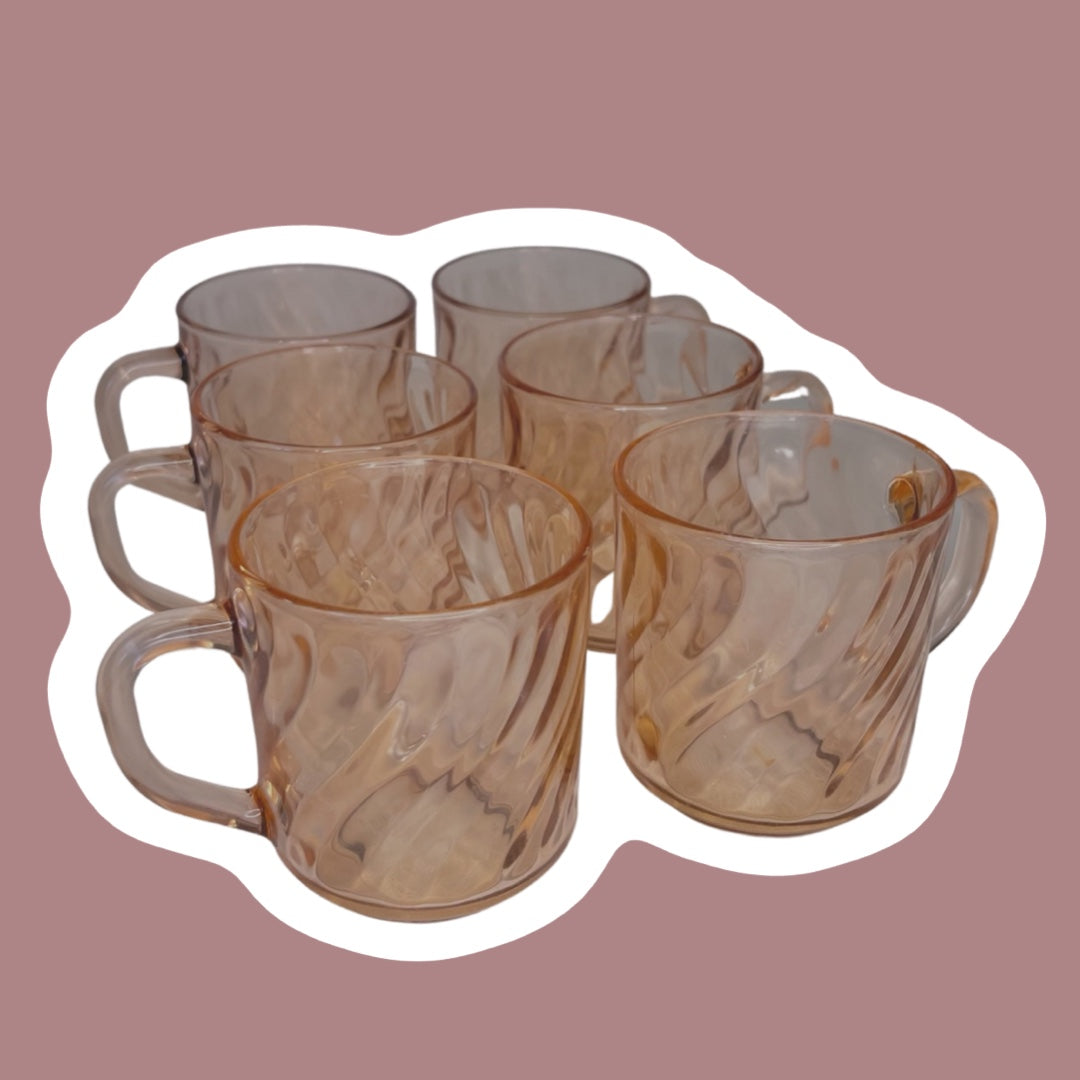 Juego de seis tazas de vidrio con remolinos en color rosa claro y efecto melocotón de Arcoroc France