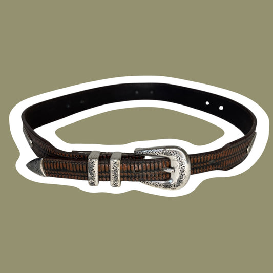 Women’s Genuine Brown Leather Belt with Silver Buckle and Accents, Size Small/Medium