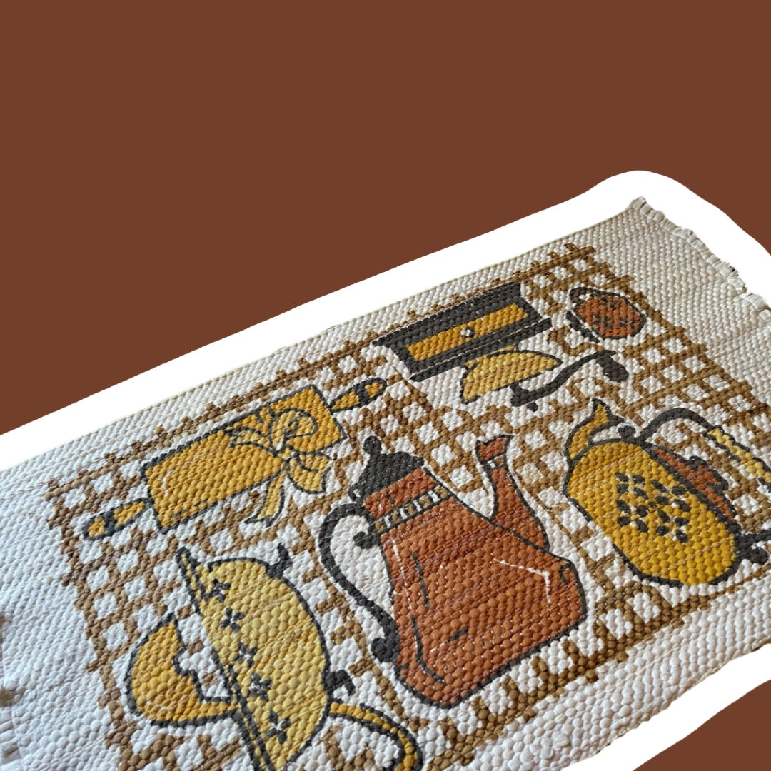 ‘Prin-Craft’ 1970s Mid-Century Kitchen Utensils Throw Rug, Yellow/Rust Orange/Brown