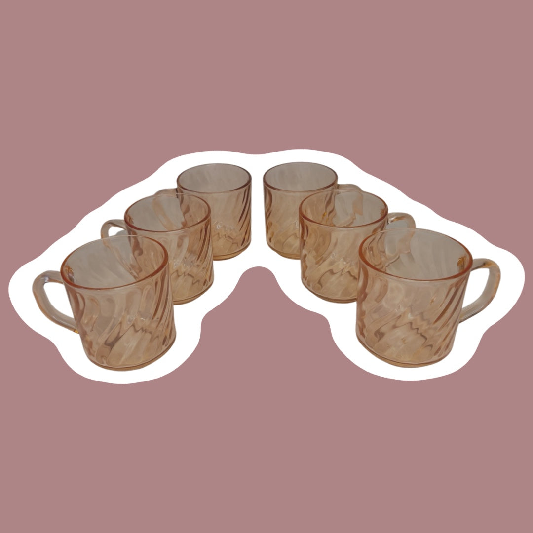 Juego de seis tazas de vidrio con remolinos en color rosa claro y efecto melocotón de Arcoroc France