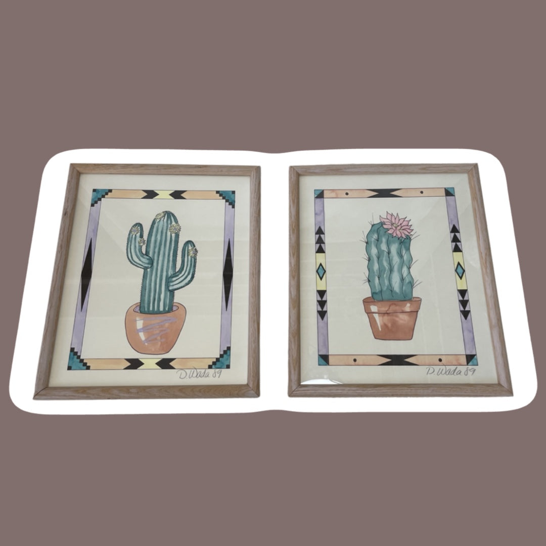 Arte enmarcado original del suroeste con cactus en acuarela de 1989 de D. Wada, juego de dos