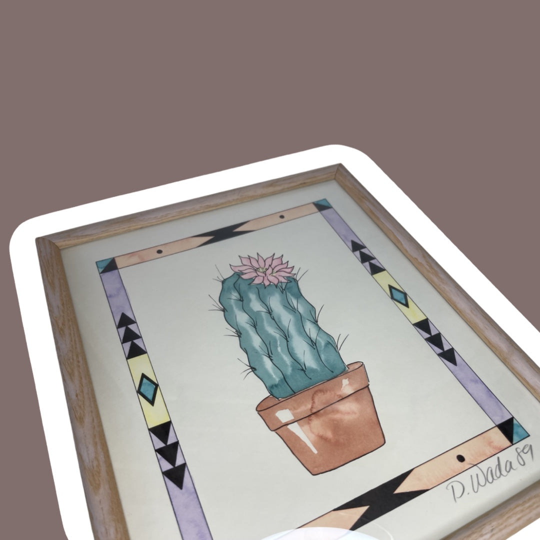 Arte enmarcado original del suroeste con cactus en acuarela de 1989 de D. Wada, juego de dos
